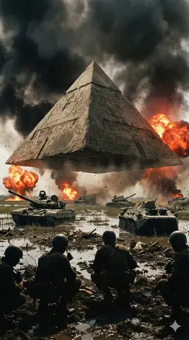 Пример промта для военного пейзажа с парящей пирамидой.