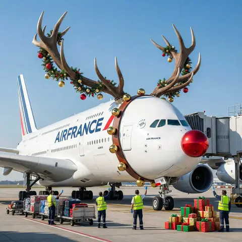 Самолёт Air France A380 летит над неоновым Парижем ночью