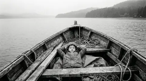 Пример документального кадра ребёнка в лодке на фоне спокойной воды и деревни.