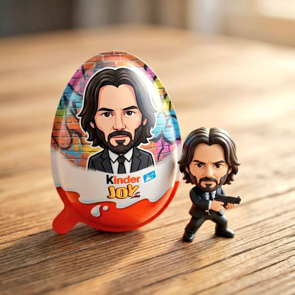 Яйцо Kinder Joy и фигурка персонажа рядом на деревянном столе. · пример 4