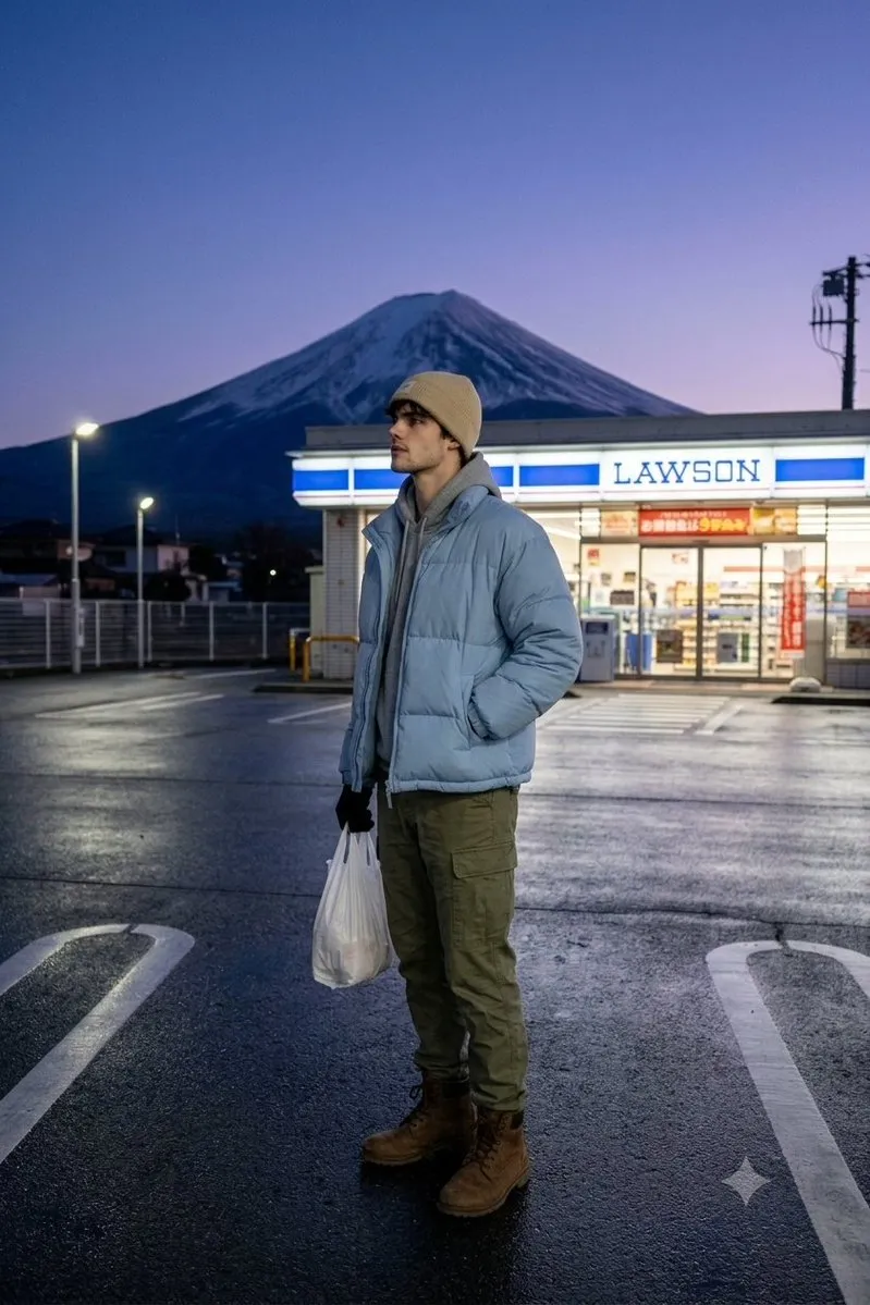 Пример случайного вечернего фото у японского магазина Lawson с горой Фудзи вдали. · пример 2