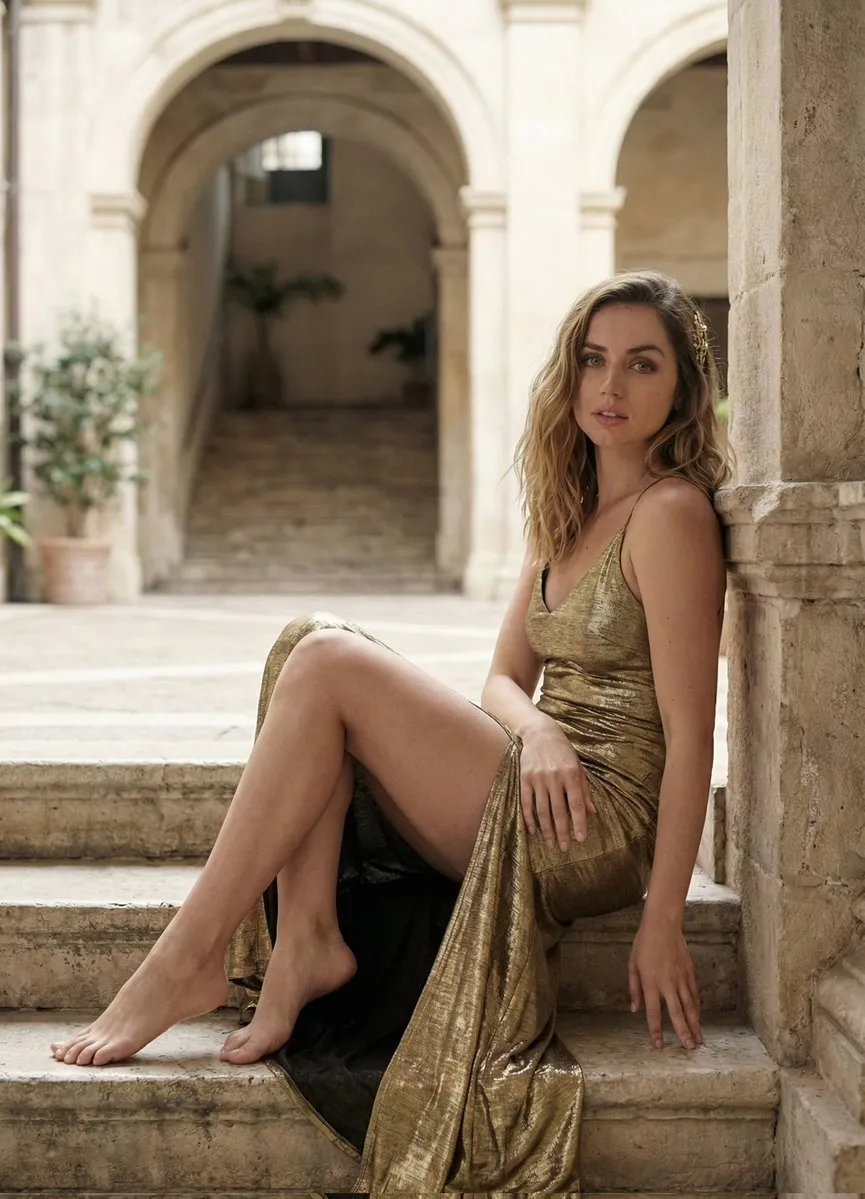 Промпт для портрета Ana de Armas в золотом платье в каменном дворике. · пример 1