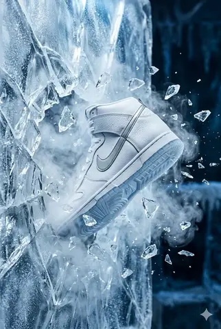 Кроссовок Nike Dunk пробивает кристаллическую стену, вокруг застыли осколки и клубится холодный пар.