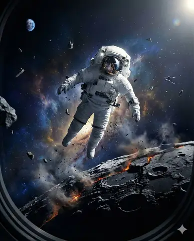 Пример космической сцены с астронавтом над расколотой лунной поверхностью.