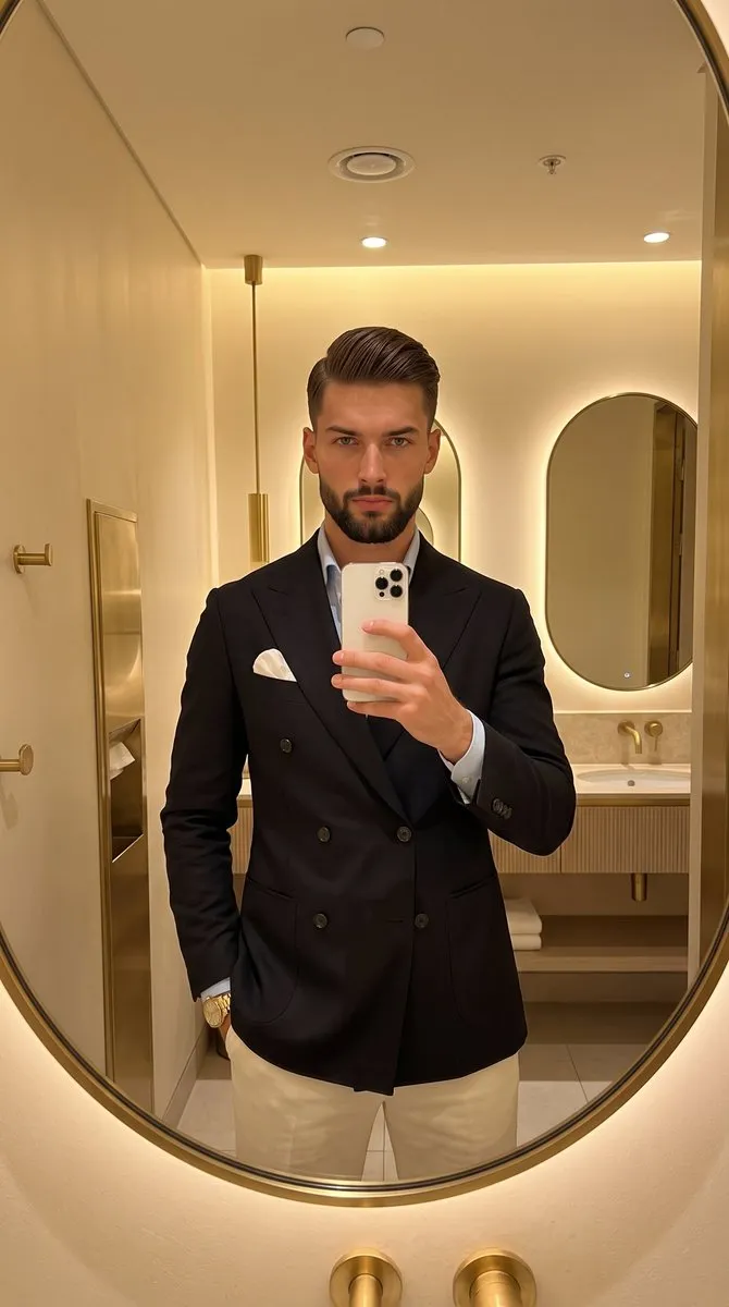 Промпт описывает мужчину в чёрном двубортном пиджаке, делающего селфи в большом овальном зеркале гардеробной.