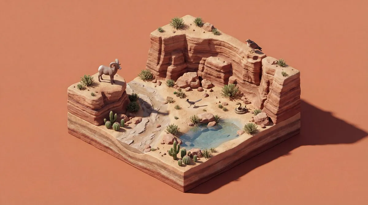 Изометрическая 3D-диорама природной среды с растениями, водой, камнями и животными. · пример 3