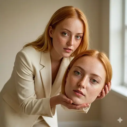 Пример концептуального портрета женщины с реалистичной копией собственной головы.