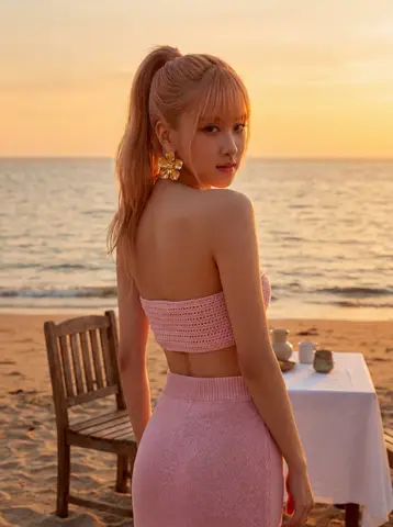 Пример промпта для закатного портрета Rosé из BLACKPINK в вязаном пастельно-розовом комплекте.