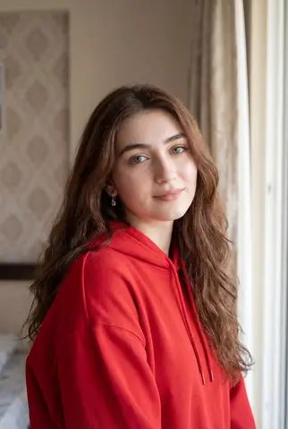 Молодая женщина в красном худи позирует в мягком дневном свете уютной спальни.