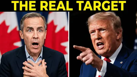 Слева Mark Carney выглядит шокированным, справа Trump сердито указывает на него.