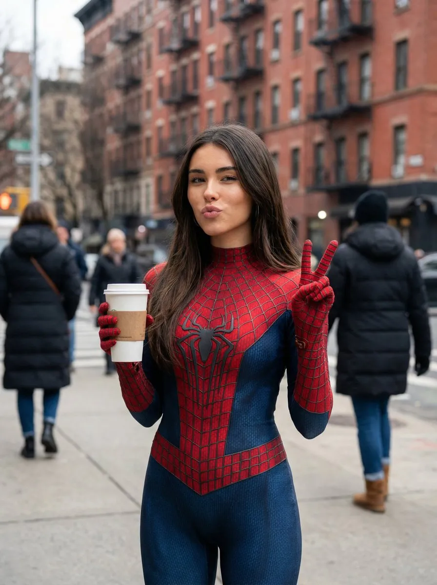 Пример уличного косплея Spider-Man с кофе на фоне кирпичных домов Нью-Йорка. · пример 3