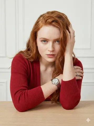 Sadie Sink в красном кардигане сидит у деревянного стола в светлом интерьере.