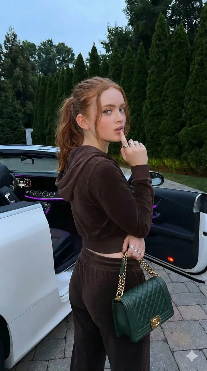 Sadie Sink оборачивается у белого кабриолета с открытой дверью.