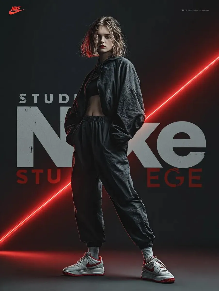 Промпт для динамичной футуристичной рекламы Nike с моделью в прыжке. · пример 1