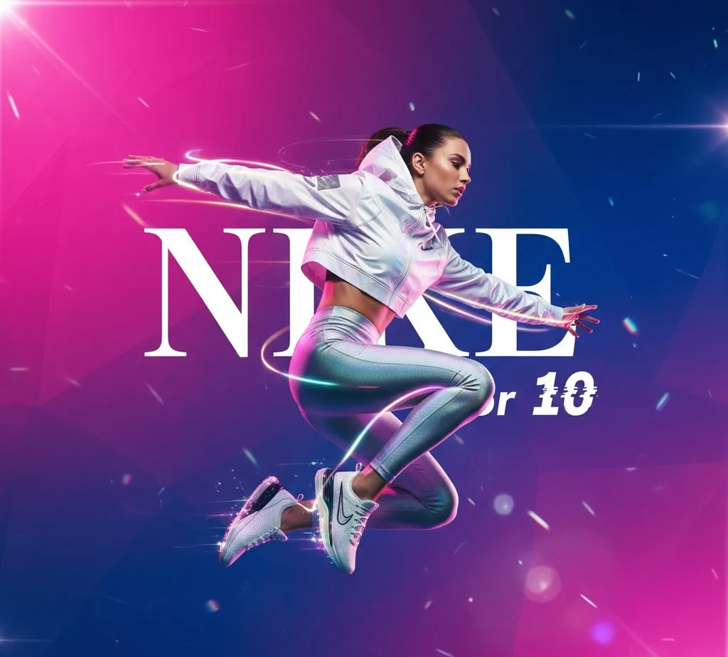 Пример модной рекламы Nike с моделью в прыжке и световыми следами. · пример 1