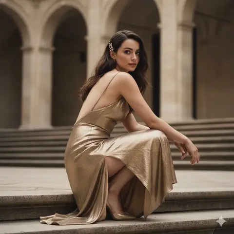 Ana de Armas в мерцающем золотом платье позирует на корточках в каменном дворе.