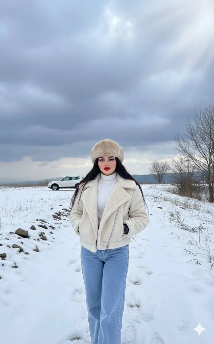 Женщина в кремовой куртке-авиаторе и меховой ушанке стоит на снежном поле.