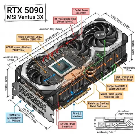 Инфографическое изображение с техническими сведениями о Nvidia RTX 5090.