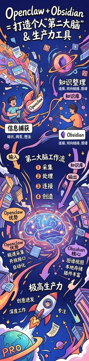 Инфографика объясняет, как OpenClaw и Obsidian формируют персональную вторую память и помогают с продуктивностью. · пример 2