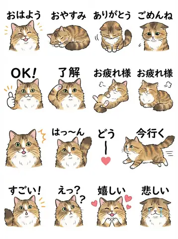 Лист из 12 стикеров LINE с одним и тем же котом-персонажем.