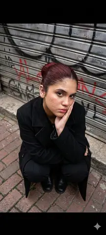 Женщина присела на тротуаре у металлической ставни с серыми, красными и чёрными граффити.