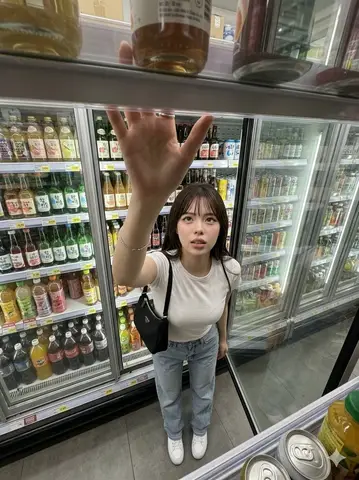Промпт для фотореалистичной сцены, где женщина тянется за напитком в продуктовом магазине.
