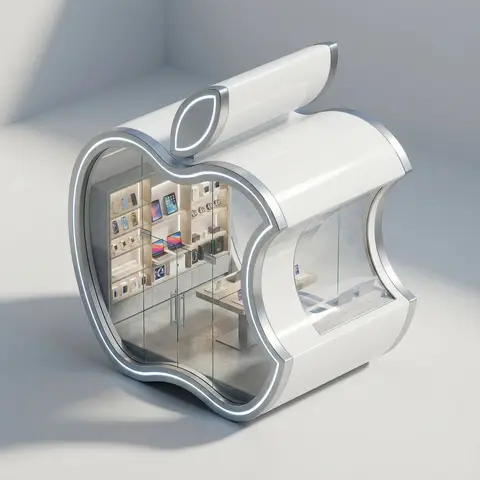 Изометричный 3D-павильон повторяет силуэт логотипа бренда.