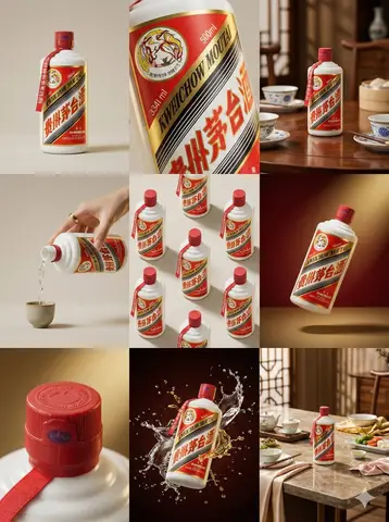 Сетка 3x3 демонстрирует бутылку Moutai в студии, за столом и в абстрактной композиции.
