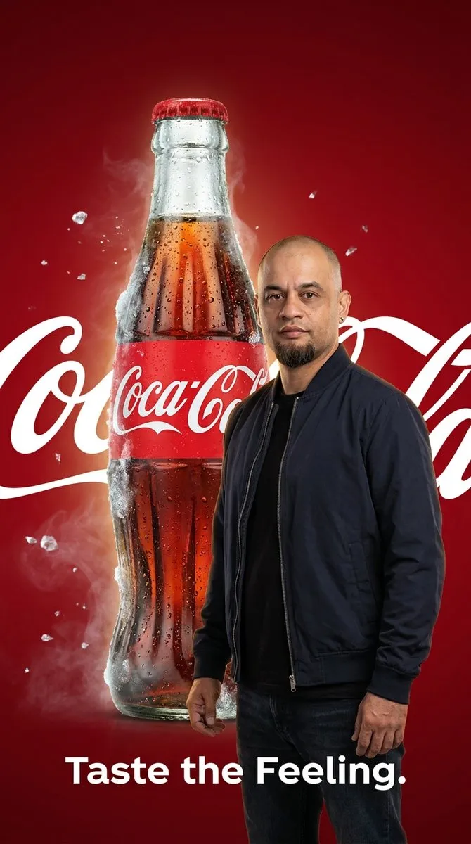 Мужчина в тёмной одежде стоит рядом с огромной холодной бутылкой Coca-Cola. · пример 2