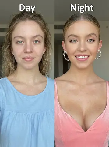 Пример промта для разделённого портрета Sydney Sweeney с подписями “Day” и “Night”.