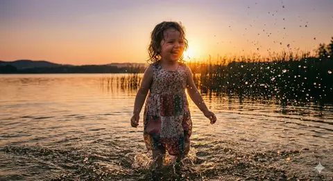 Человек плескается в воде на закате, капли застывают в воздухе.