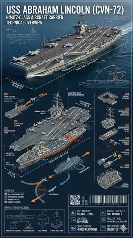 Авианосец USS Abraham Lincoln в море окружён техническими выносками, разрезами и схемами на фоне океана.