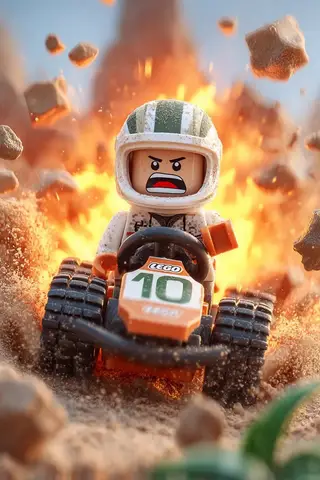 Минифигурка гонщика LEGO мчится вниз по вулканическому склону от взрыва лавы.