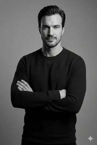 Пример высококонтрастного монохромного портрета мужчины с мягко подчёркнутыми чертами лица.