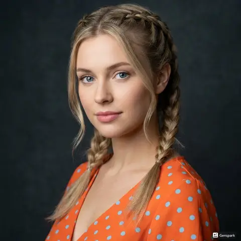 Пример промпта для портрета молодой женщины с двумя светлыми косами на тёмном фоне.