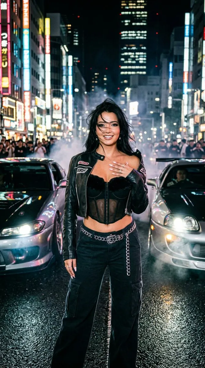 Пример модной фотосъёмки с гламурной женщиной, автомобилями JDM и неоновым светом. · пример 2