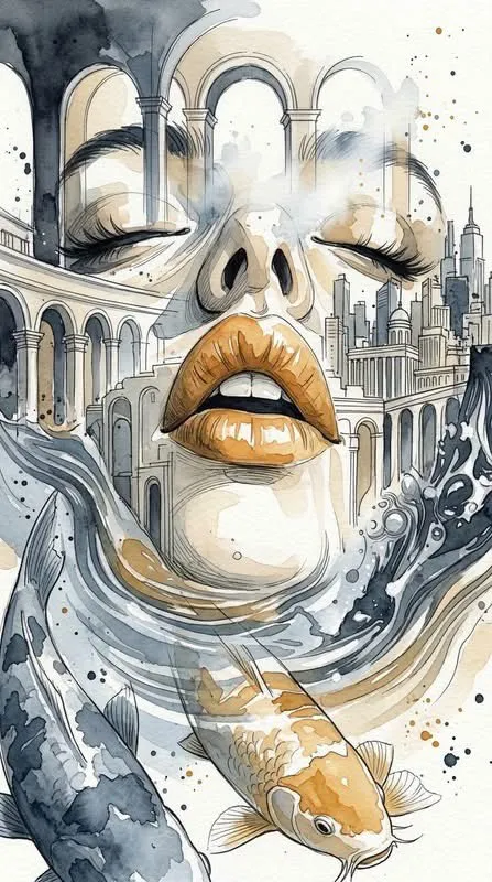 Пример промпта для архитектурной акварели с городской атмосферой, отражениями и дымкой. · пример 2