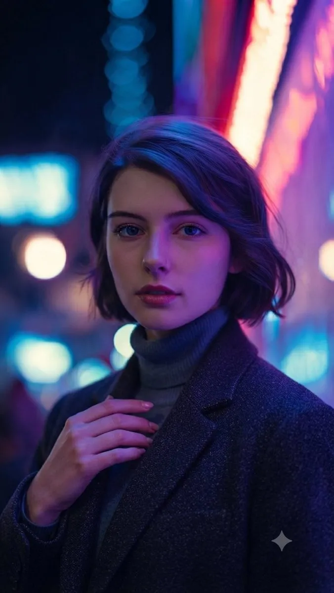 Пример промпта для кибернуарного портрета среди неоновых огней · пример 2