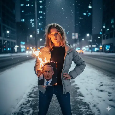 Женщина на заснеженной улице прикуривает сигарету от горящей фотографии.