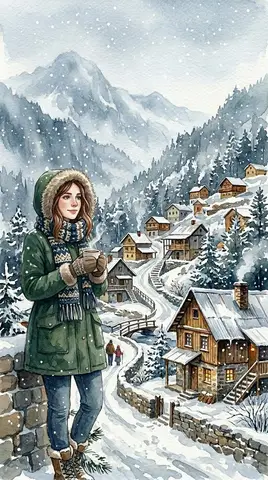 Пример акварельной зимней деревни с женщиной, которая держит чашку какао.