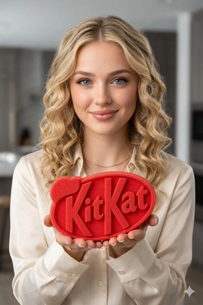 Промпт для рекламного кадра с женщиной и логотипом KitKat. · пример 2