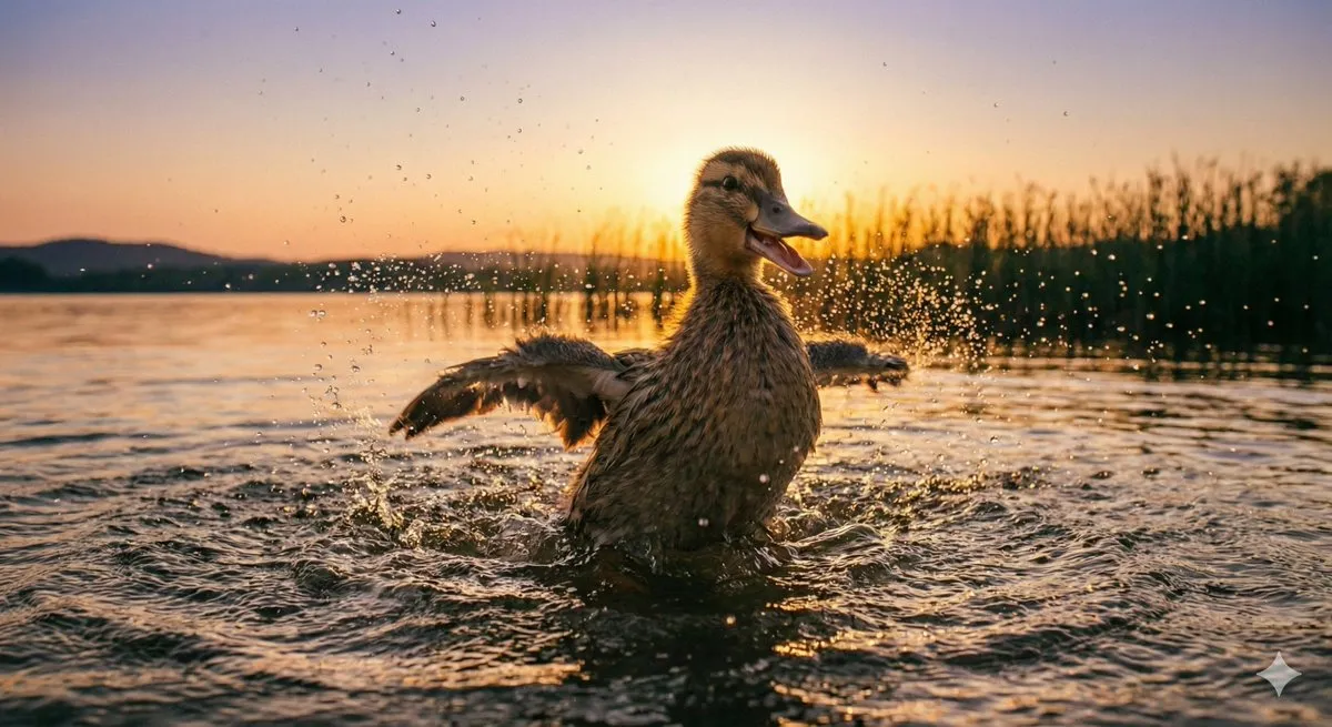 Человек плескается в воде на закате, капли застывают в воздухе. · пример 3