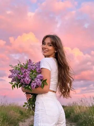 Пример промпта для фотореалистичного портрета девушки с сиренью на фоне закатного неба.