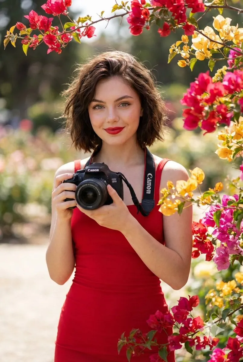 Женщина в красном платье держит фотоаппарат Canon в ярком кинематографичном уличном портрете. · пример 2