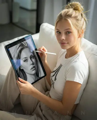 Человек сидит на диване и рисует на вертикально удерживаемом iPad Pro с помощью Apple Pencil.