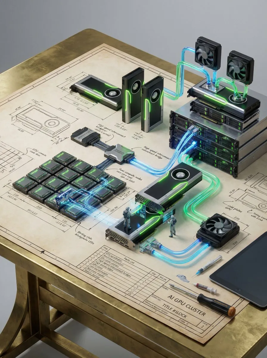 Техническая схема показывает миниатюрный кластер GPU, собирающийся из чертежа на латунном столе. · пример 1