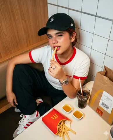 Промпт для гиперреалистичного снимка женщины за едой в кабинке McDonald's.