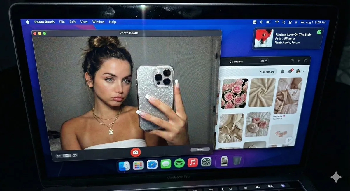 Экран MacBook в темноте с окном Photo Booth, Pinterest и виджетом Spotify · пример 2