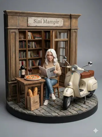 Пример промпта для миниатюрной диорамы с женщиной, пиццей, вином и Vespa.