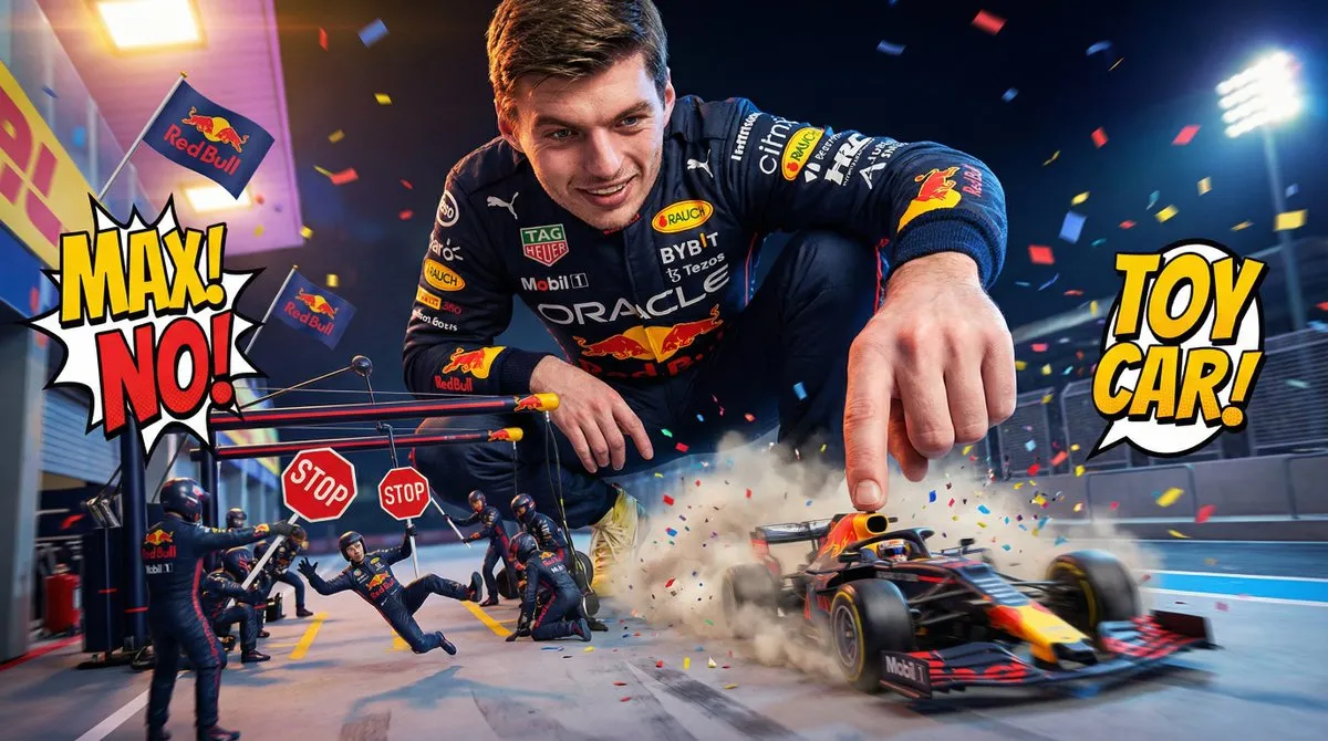 Гигантский Макс Ферстаппен трогает маленькую машину Red Bull, механики разбегаются. · пример 1